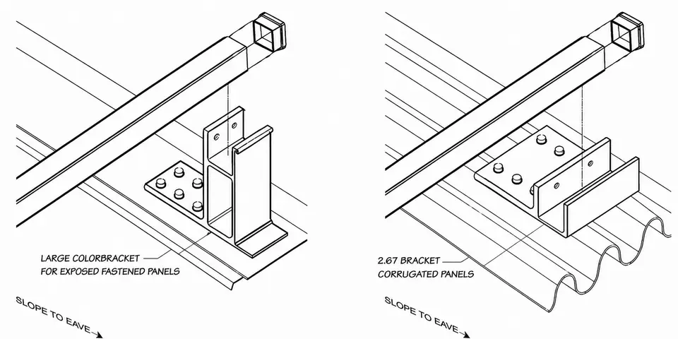 Screw-down ColorBar snow rail bracket options for exposed-fastener metal roofs